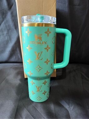 New Stanley 40oz Turquoise Gold Laser LEngravedL Tumbler with Flip Top